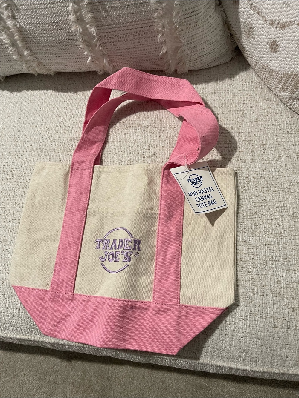 Trader Joe's Mini Canvas Tote Bag in Cream and Pink